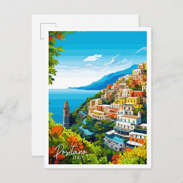 Positano Italy Art Vintage Reise Illustration Postkarte (Vorne/Hinten)