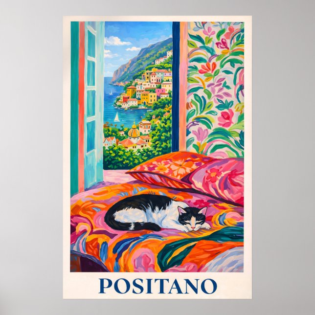 Positano-Katze Poster, Amalfi-Küste Fensterblick Poster (Vorne)
