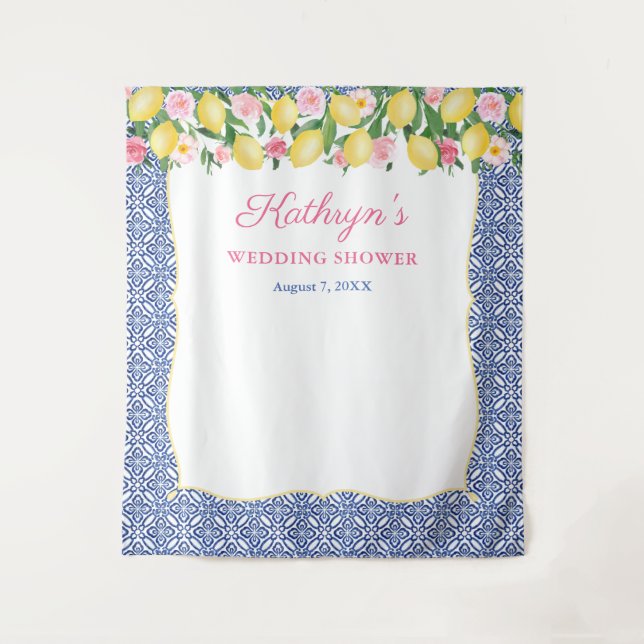 Positano Lemons Blue Tiles Foto Stand Hintergrund Wandteppich (Vorderseite)