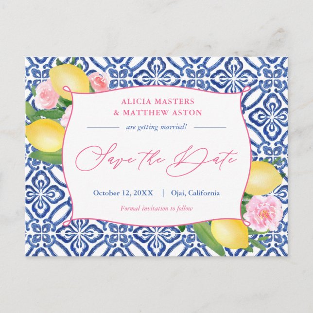 Positano Lemons Blue Tiles Pink Save the Date Postkarte (Vorderseite)