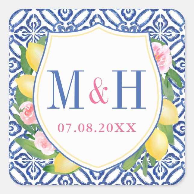 Positano Lemons Blue Tiles Pink Wedding Monogram Quadratischer Aufkleber (Vorderseite)