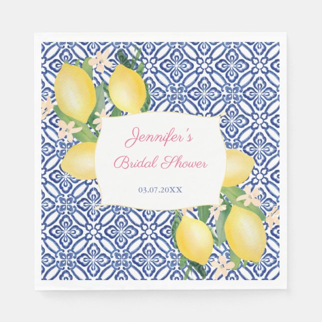 Positano Lemons Italian Blue Tiles Brautparty Serviette (Vorderseite)