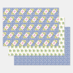 Positano Lemons Monogram Blue White Tile Muster Geschenkpapier Set