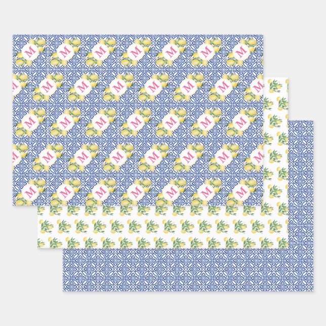 Positano Lemons Monogram Blue White Tile Muster Geschenkpapier Set (Set)