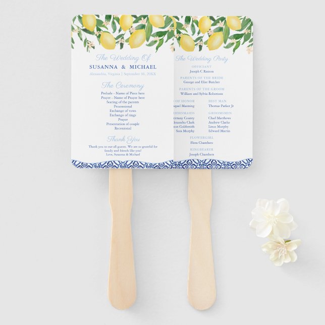 Positano Lemons Pale Blue Accents Wedding Program Fächer (Vorne und Hinten)
