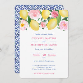Positano Lemons Pink Floral Blue Tile Hochzeit Einladung