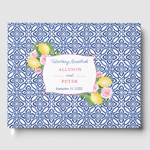 Positano-Zitronen Blaue Vintage-Fliesen Hochzeit D Gästebuch