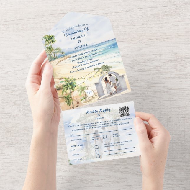 Position des tropischen Palm Tree Beach QR Code All In One Einladung (Abreißen)