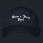 Positive Botschaft: Marinekappe "Haben Sie einen s Bestickte Baseballkappe<br><div class="desc">Diese Baumwollkappe ist mit der positiven und aufregenden Botschaft "Einen schönen Tag!" bestickt, die in elegantem Schriftzeichen bestickt ist. Er ist mit einem verstellbaren Gurt ausgelegt und bietet eine komfortable Passform für alle Größen. Diese aus robuster Baumwolle gefertigte Kappe verbindet Stil und Motivation und ist somit das perfekte Zubehör, um...</div>