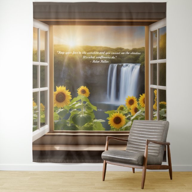 Positive hoffnungsvolle Sonnenblumen Wasserfall Ta Wandteppich (Beispiel)