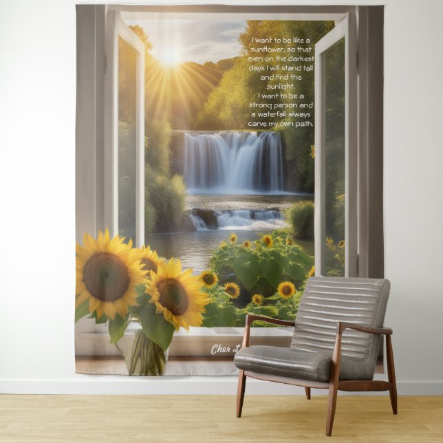 Positive hoffnungsvolle Sonnenblumen Wasserfall Ta Wandteppich (Beispiel)