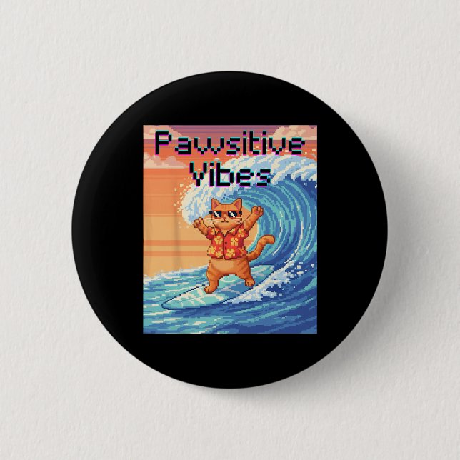 Positive Pfoten Katzen Surfen - Pixel Art Welle  Button (Vorderseite)