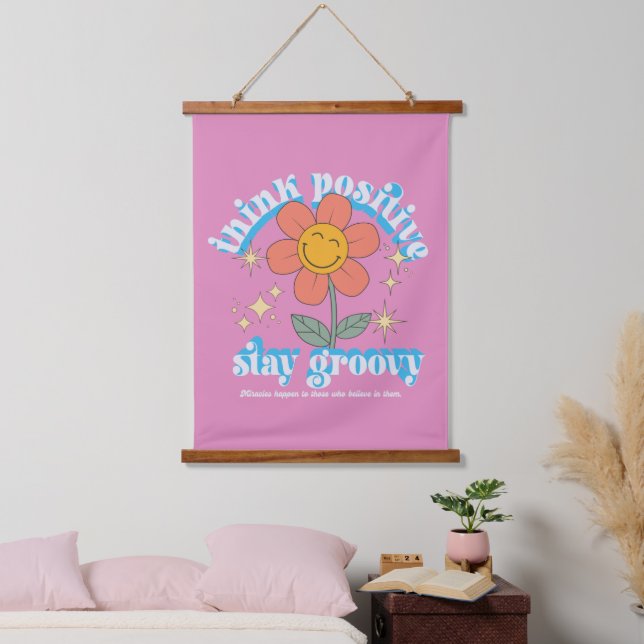 Positiver Bleibe Groovy Slogan Wandteppich Mit Holzrahmen (Schlafzimmer)