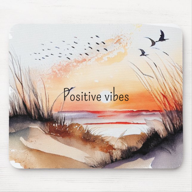 Positiver Vibes Beach Sonnenuntergang mit Vögeln Mousepad (Vorne)