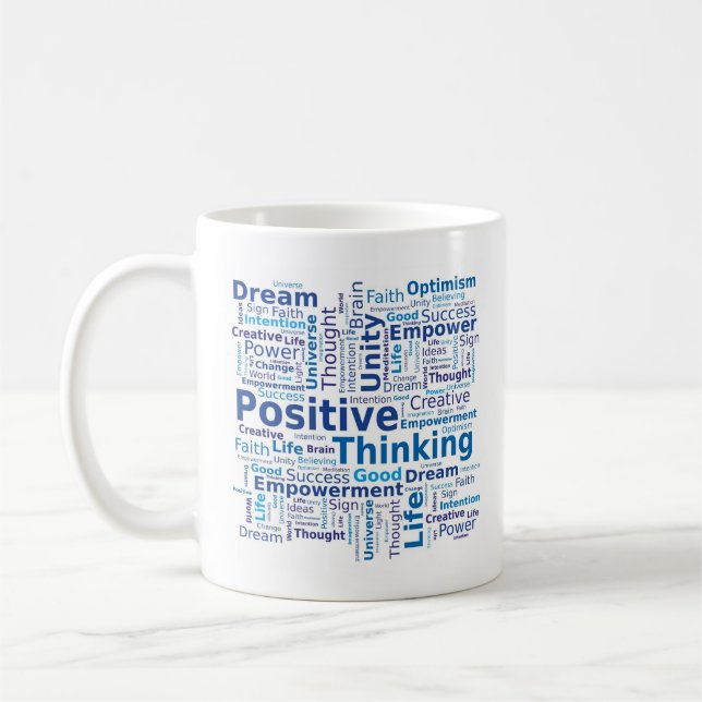 Positives Denken Word Cloud - Blau Kaffeetasse (Links)