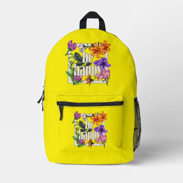 Positives Zitat Sei glücklich und Garten-Blume Bedruckter Rucksack (Vorderseite)