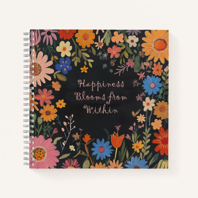 Positivity Journal mit Folk-Blume auf Black Notizbuch (Vorderseite)