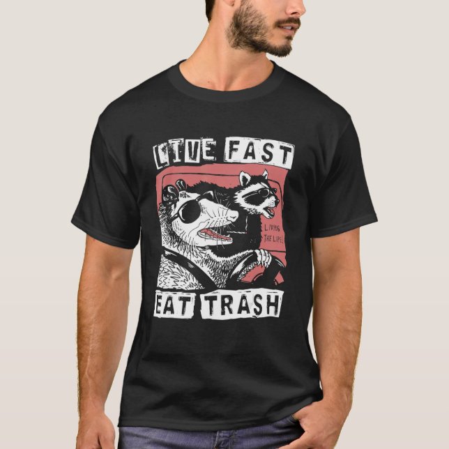 Possum Raccoon Live Fast Eat Trash Street Cats Squ T-Shirt (Vorderseite)