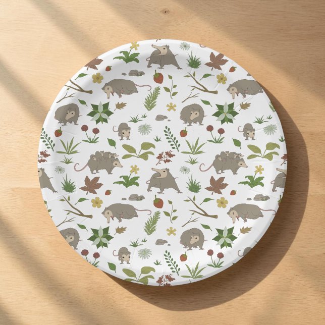 Possummen in einem Berry Field in White Pappteller (A whimsical white opossum pattern on a cute, botanical paper plate, for a woodland birthday party.)