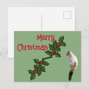Post Card - Frohe Weihnachten Holly und Calico Cat Postkarte