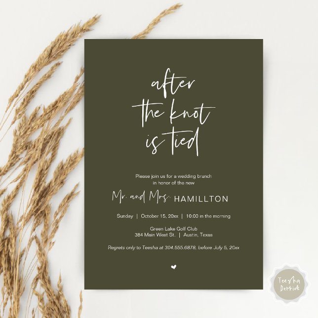 Post Hochzeit Brunch, Nach dem Knoten ist Invita g Einladung (After the knot is tied, Wedding Elopement Lunch, Dinner, Brunch Party Invites Card, PDF, Olive Green)