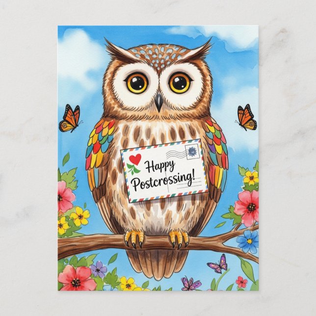 Post Owl Mail Bird Happy Postüberqueren Postkarte (Vorderseite)