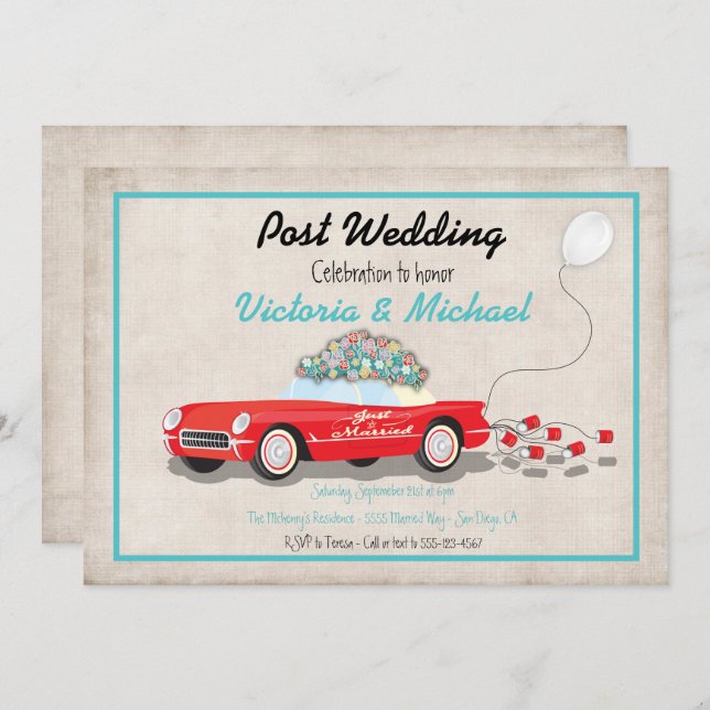 Post Wedding Retro Car nur verheiratet Einladung (Vorne/Hinten)