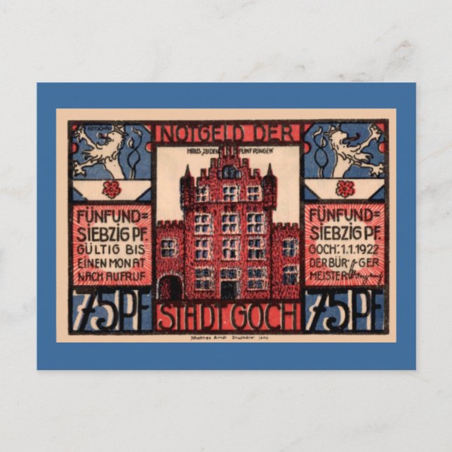 Post WW1 Deutsche Währung 75 Pfennig "Stadt Goch" Postkarte (Vorderseite)