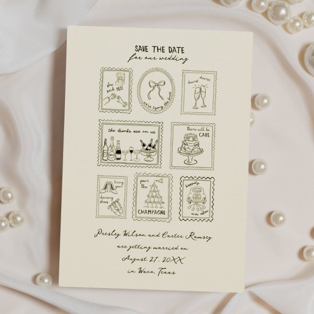 Postage Stamp Hand Drawn Save The Date Card (Von Creator hochgeladen)
