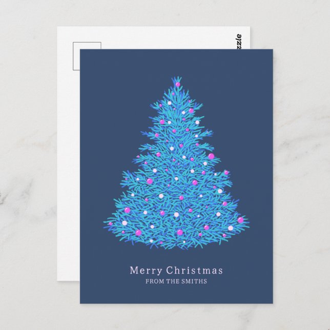 Postal con ilustración de árbol de Navidad azul Postkarte (Vorne/Hinten)