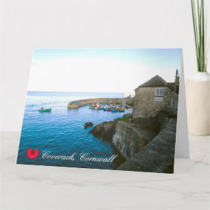 Postamt von Coverack Harbour und Foto eines Fische Karte