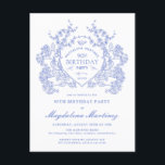 POSTCARD 90TH Birthday Blue Floral Wappen Einladun Einladungspostkarte<br><div class="desc">Ein elegantes französisches Vintages blühendes Wappen steht im Mittelpunkt der Bühne dieses zeitlosen Geburtstags. Verziert,  formell und sehr feminin macht jede Geburtstagsfrau ein ganz besonderes Gefühl. Die Party-Vorräte werden koordiniert.</div>