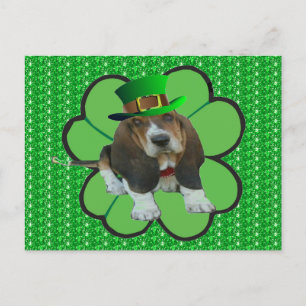 Postcard Basset Hound Happy StPatrick's Day Clover Postkarte