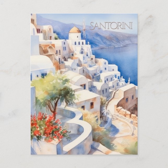 POSTCARD Beautiful Watercolor of Santorini Greece Postkarte (Vorderseite)