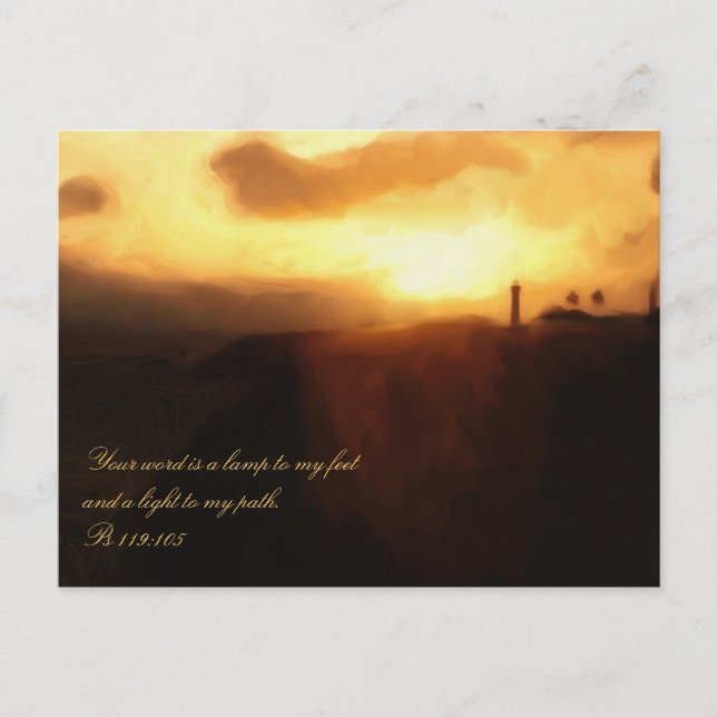 Postcard Bible Scripting Lighthouse Ocean & Sunset Postkarte (Vorderseite)