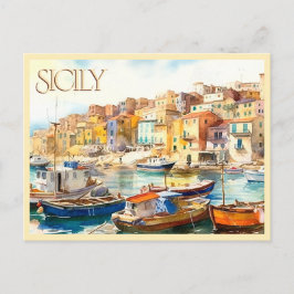 POSTCARD Colorful Watercolor Sicily Harbor Travel Postkarte