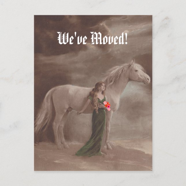 Postcard denkwürdig Wir haben neue Adresse Pferd v Ankündigungspostkarte (Vorderseite)