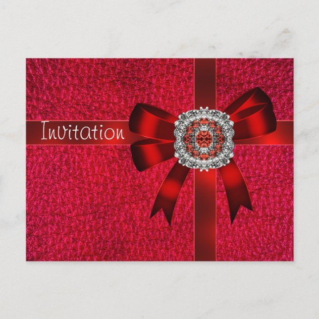 Postcard Einladung Red Leather Bow Jewel (Vorderseite)