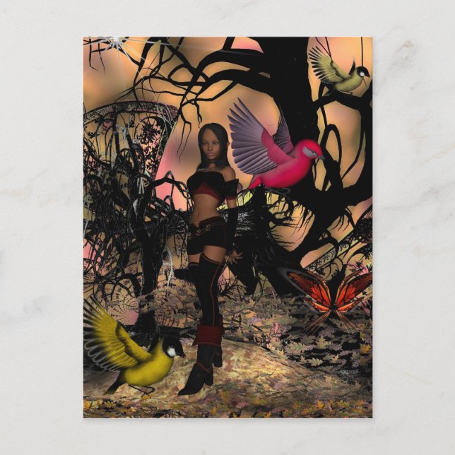 Postcard Elf Girl Birds Postkarte (Vorderseite)