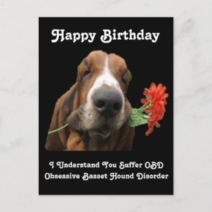 Postcard Happy Birthday Basset Hound mit Blume Feiertagspostkarte