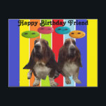 Postcard Happy Birthday Friend Basset Postkarte<br><div class="desc">Postcard Happy Birthday Friend - 2 Basset-Hunde auf Regenbogenstreifen mit Smiley</div>