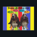 Postcard Happy Birthday son Basset Postkarte<br><div class="desc">Postcard Happy Birthday Son - 2 Basset-Hunde auf Regenbogenstreifen mit Smiley</div>