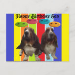 Postcard Happy Birthday son Basset Postkarte<br><div class="desc">Postcard Happy Birthday Son - 2 Basset-Hunde auf Regenbogenstreifen mit Smiley</div>