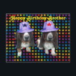 Postcard Happy Brother Birthday Basset Postkarte<br><div class="desc">Postcard Happy Birthday Brother - 2 Basset-Hunde auf Sternen mit Sternenhüten</div>