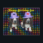 Postcard Happy Son Birthday Basset Postkarte<br><div class="desc">Postcard Happy Birthday Son - 2 Basset-Hunde auf Sternen mit Hüten mit Sternen</div>