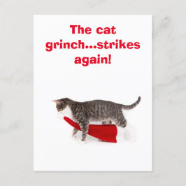Postcard Humor Katze schleppt Weihnachtsmütze weg Postkarte