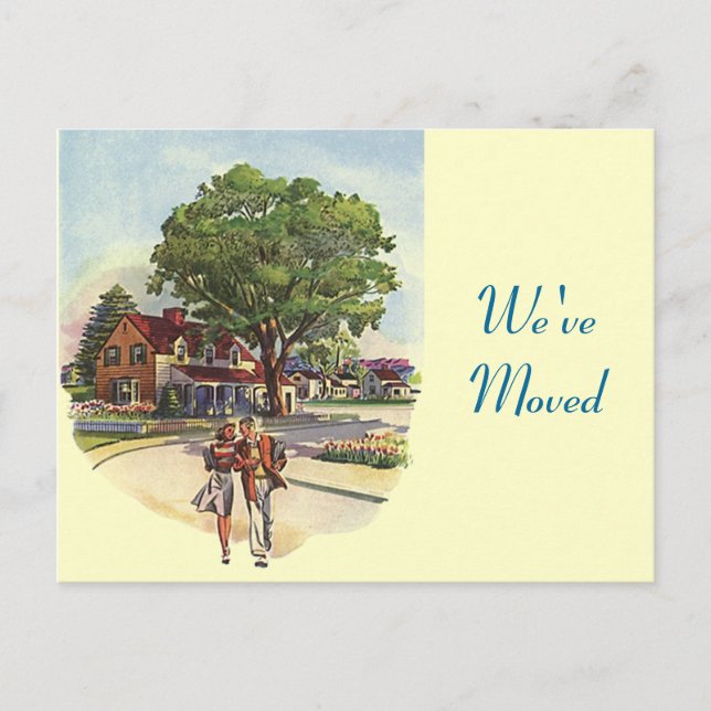 Postcard Retro Couple Wir haben die neue Address-Z Ankündigungspostkarte (Vorderseite)