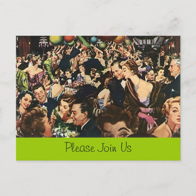Postcard Retro Rentirement Party Bash Crowding Fes Einladungspostkarte (Vorderseite)