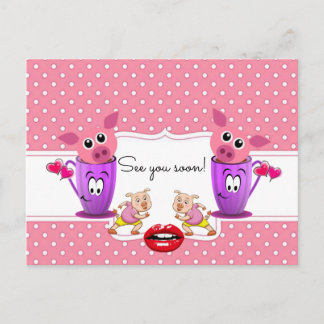 Postcard Rosa Schweine Polk a dot See you soon! Postkarte