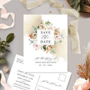 Postcard Save the Date Earthy Blooms Beige Hochzei Postkarte